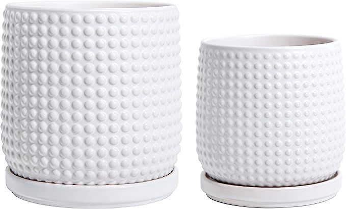 Set of 2, 4 Inch & 6 Inch Beaded Stoneware Planter Pot with Drainage Hole and Saucer, Matte White... | Amazon (US)