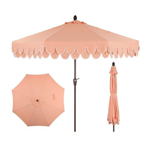 JONATHAN Y UMB1002E Tracy 9 ft. Classic MidCentury Scalloped Fringe Market Patio Umbrella with Auto-Tilt, Crank, Wind Vent and UV Protection in Coral Pink/White | Amazon (US)