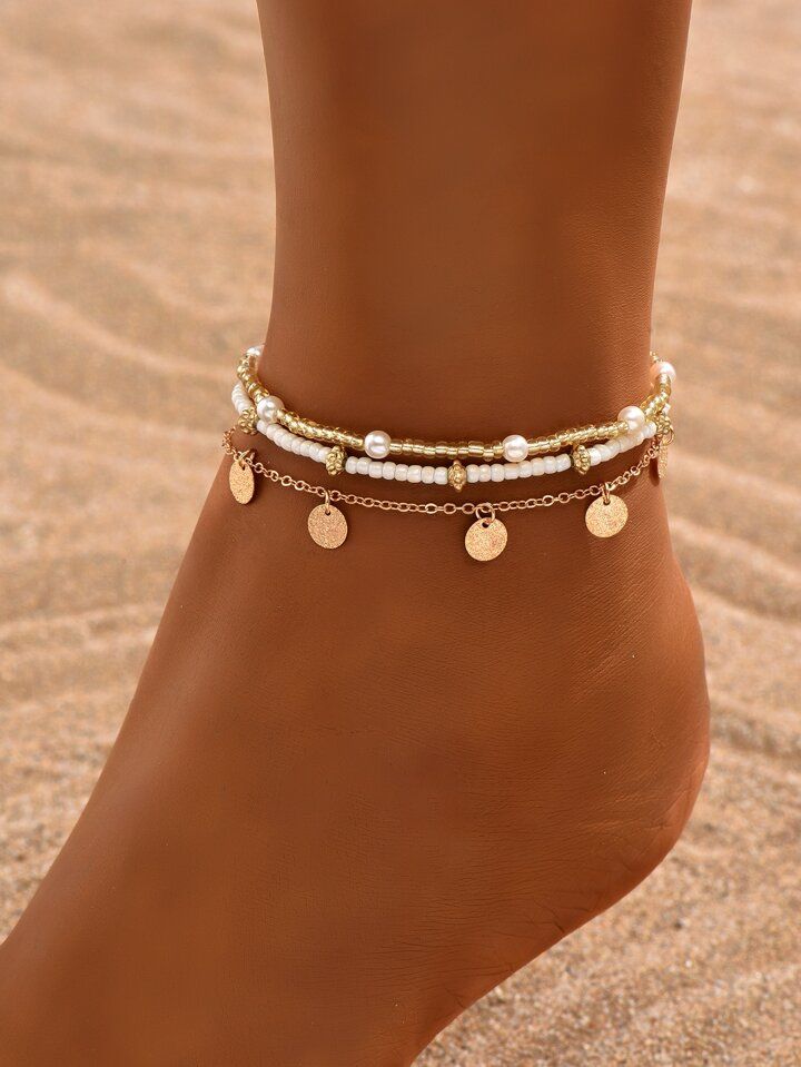 3pcs/set Simple Gold-tone Circular Pendant Tassel Beaded Anklet For Women, Suitable For Daily Wea... | SHEIN