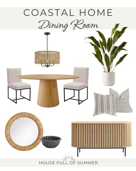Coastal dining room 
Round dining table 
White chairs black accents 
Faux plants 
Throw pillows 
Woven mirror 
Fluted console table 
Curved furniture 

#LTKsalealert #LTKfindsunder100 #LTKhome