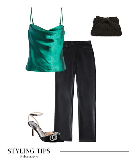 A satin cowl neck cami paired with leather pants, bow heels, and clutch bag makes a cute holiday or fall outfits. 

#LTKSeasonal #LTKunder50 #LTKHoliday #LTKunder100 #LTKitbag #LTKshoecrush #LTKsalealert #LTKstyletip #LTKtravel #LTKworkwear #LTKcurves 

Leather pants outfit | Abercrombie leather pants | black leather pants | faux leather pants | vegan leather pants | fall tops | green top | satin top | going out tops | cute tops | date night tops | dressy tops | party tops | holiday outfit | black heels | fall shoes | wedding guest heels | closed toe heels | fall bags | clutch purse | black clutch | designer bags | evening clutch | loeffler Randall | 