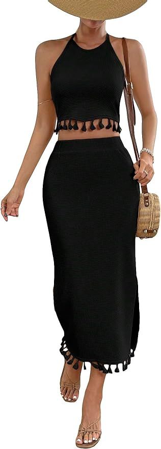 SHENHE Women's 2 Piece Tassel Trim Backless Halter Crop Top and Slit Midi Skirt Boho Set | Amazon (US)
