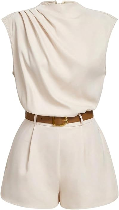 SOLY HUX Women's Summer Ruched Mock Neck Cap Sleeve Belted Short Romper | Amazon (US)