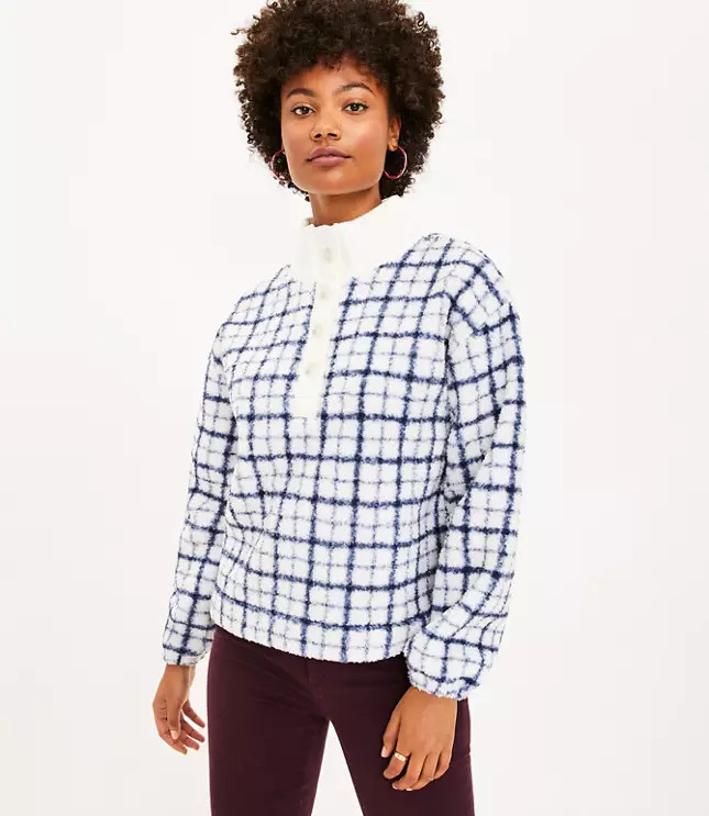 Petite Plaid Rib Trim Sherpa Top | LOFT