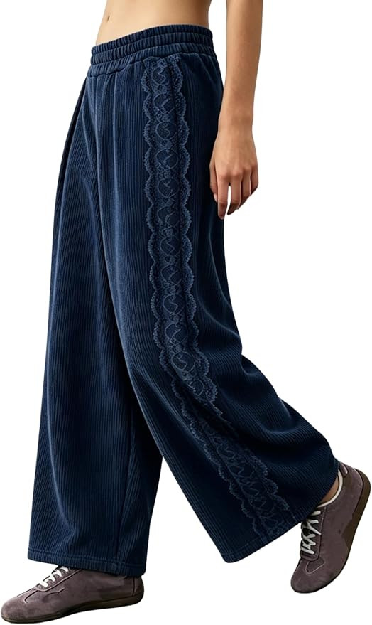 Lviefent Womens Corduroy Wide Leg Pants Lace Trim Baggy Casual Trousers | Amazon (US)