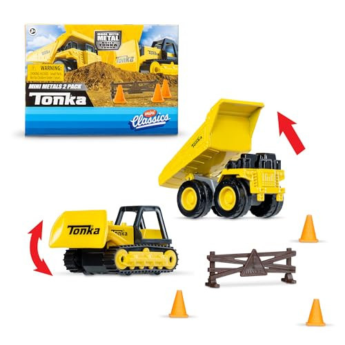 Basic Fun Mini Classics Tonka 2-Pack (Metal Movers Dump Truck and Bulldozer with 3 Traffic Cones and Barrier Fence) | Amazon (US)
