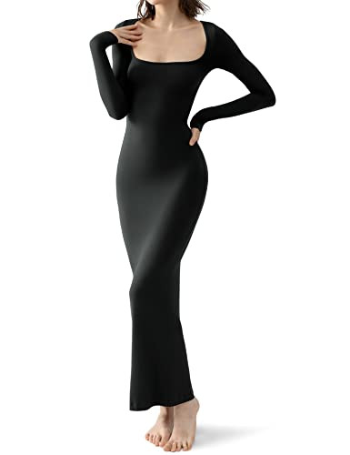 PUMIEY Women's Square Neck Long Sleeve Maxi Dress Ribbed Bodycon Dresses for Women Soft Lounge Dr... | Amazon (US)