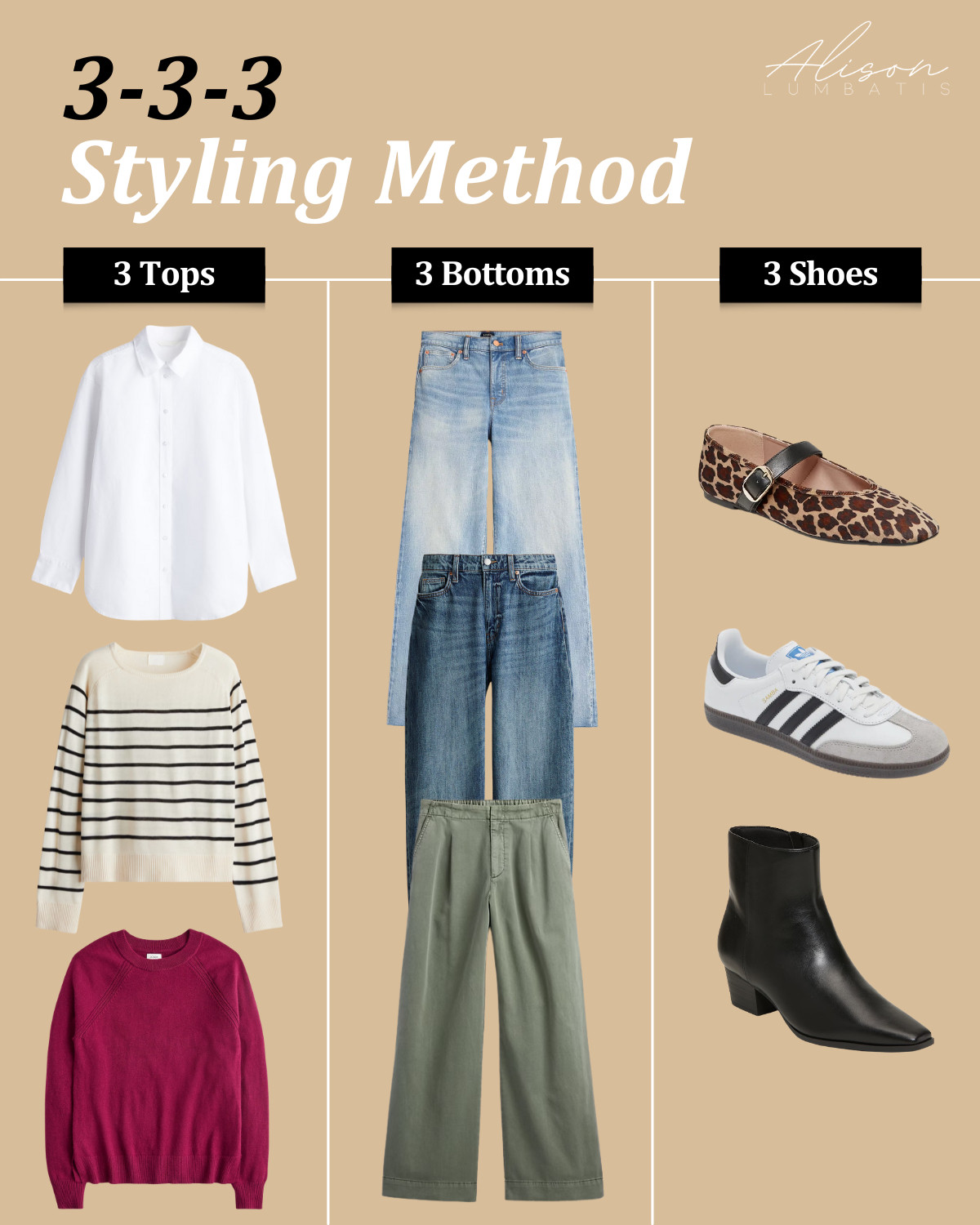 If you struggle to style your clothes every day, you need to try the 333 method. 

All you do is pick out 3 bottoms, 3 tops, and 3 pairs of shoes from your closet. Then mix and match them into as many outfits as possible. 

Doing this trains your brain to see new combinations in what you already own. Because 9 times out 10, the reason getting dressed feels hard isn’t because you don’t have enough clothes—it’s because you haven’t practiced styling them.   

 #LTKSeasonal #LTKOver40 #LTKStyleTip