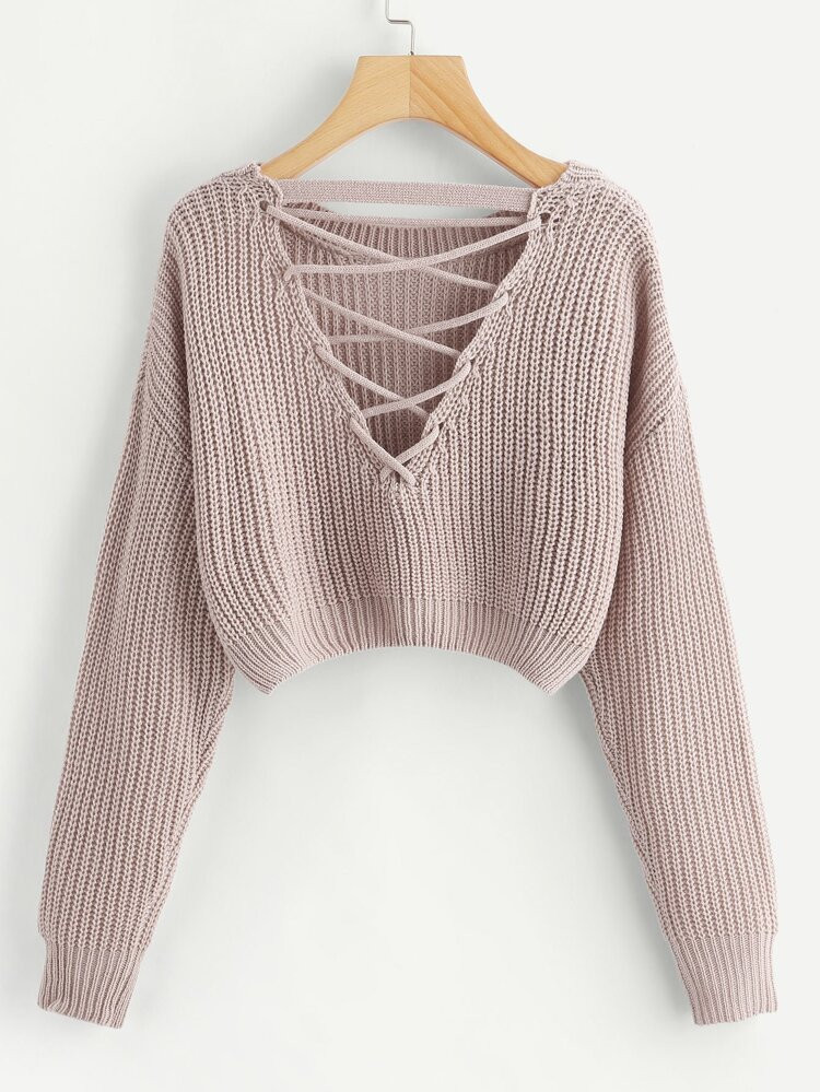 SHEIN Lace-Up V Back Crop Sweater | SHEIN