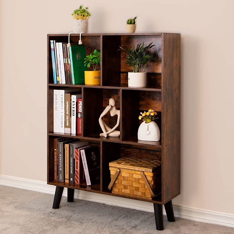 Cube Bookshelf 3 Tier Mid-Century Modern Bookcase with Legs,Retro Wood Bookshelves Storage Organi... | Amazon (US)