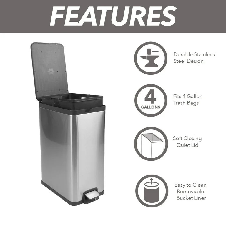 Better Homes & Gardens 3.9 Gallon Trash Stainless Steel Kitchen Trash Can with Lid | Walmart (US)