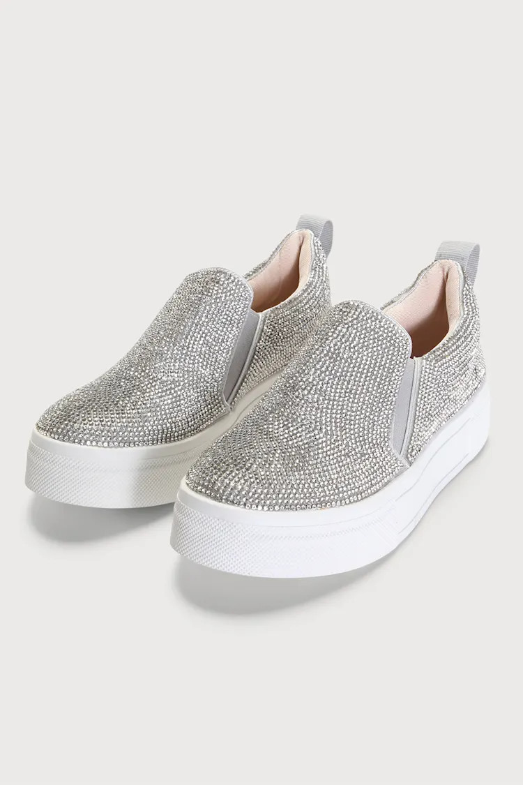 Cassay Silver Rhinestone Platform Slip-On Sneakers | Lulus (US)