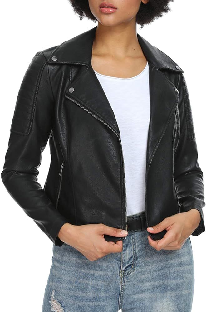 Fahsyee Women's Faux Leather Jackets, Zip Up Motorcycle Short PU Moto Biker Outwear Fitted Slim Coat | Amazon (US)