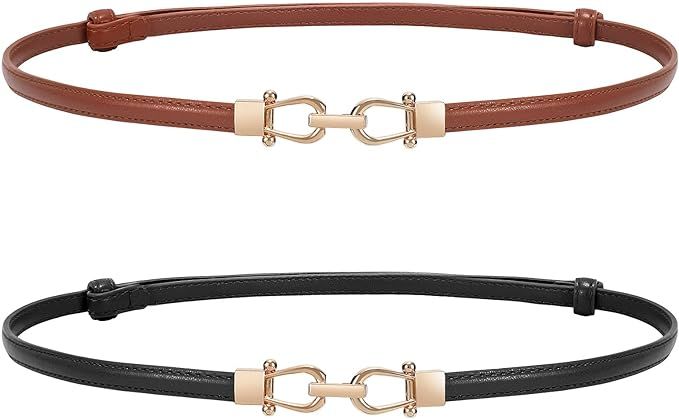 WERFORU Women 2 Pack Skinny Belt for Dress,Thin Waist Belt - Adjustable Leather Belt with Gold Bu... | Amazon (US)