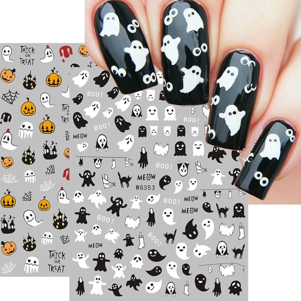 8 Sheets Halloween Nail Art Stickers Decals Self-Adhesive Pegatinas Uñas Cute Ghost Pumpkins Sku... | Amazon (US)