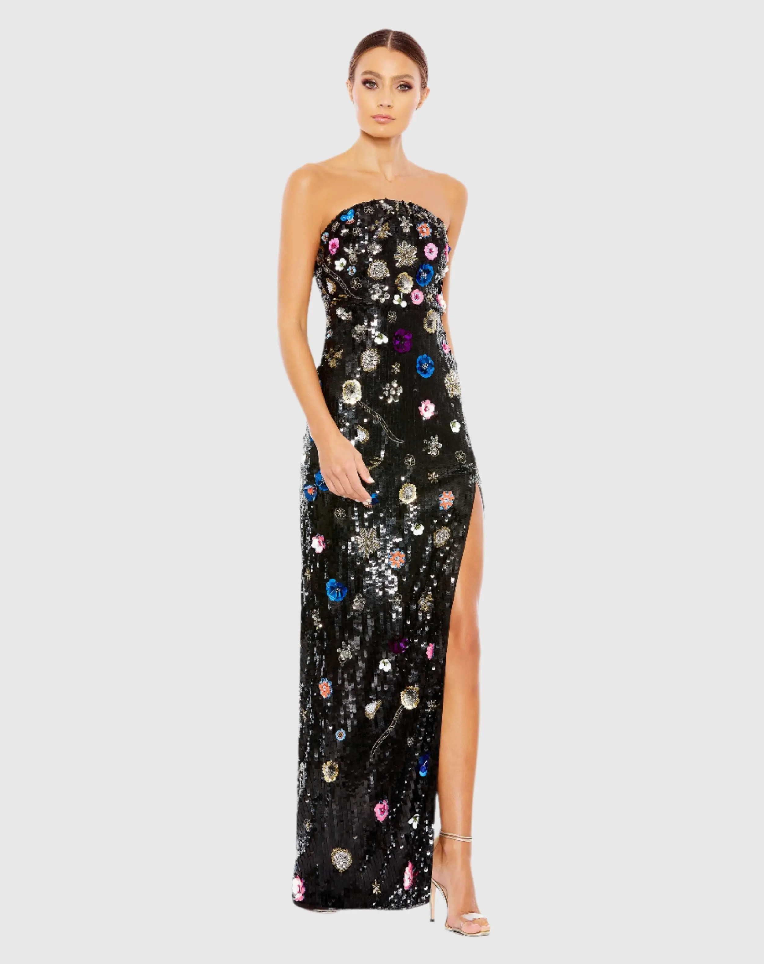 Black Floral Embellished Strapless Column Gown | Mac Duggal