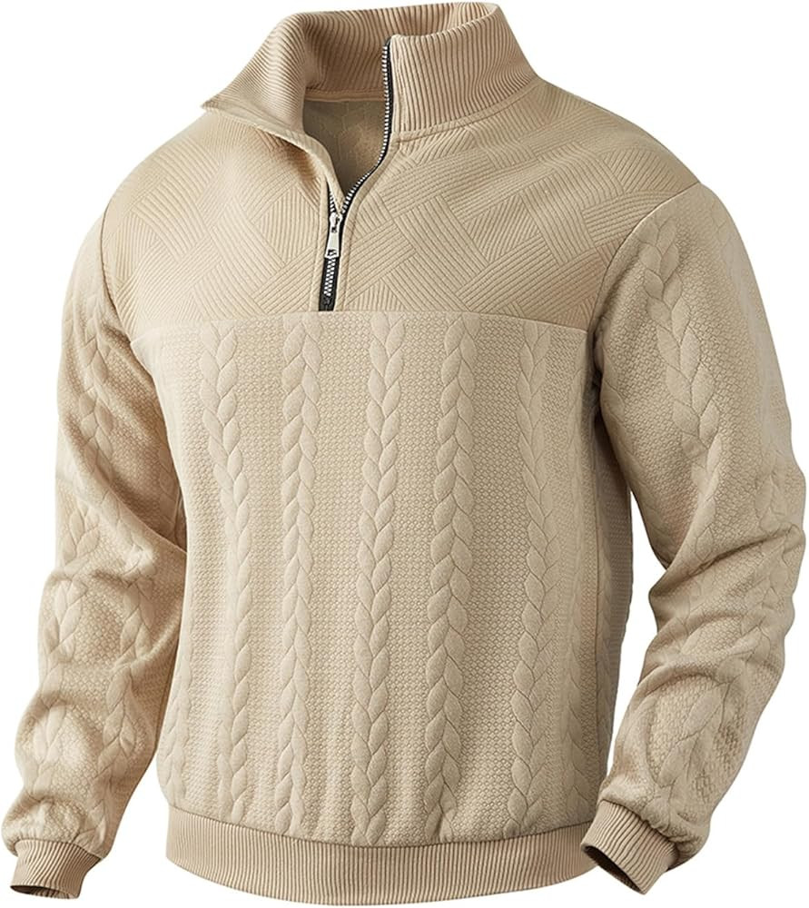 Mens Quarter Zip Sweater Men Quilted Sweatshirt Pullover Knit Long Sleeve Mock Neck Sweatshirt | Amazon (US)