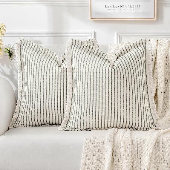 MIULEE Pack of 2 Olive Green Christmas Pillow Covers 18x18 Inch Striped Farmhouse Couch Spring Th... | Amazon (US)