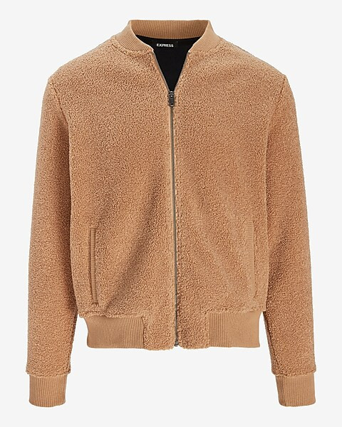 Solid Camel Sherpa Bomber Sweatshirt | Express