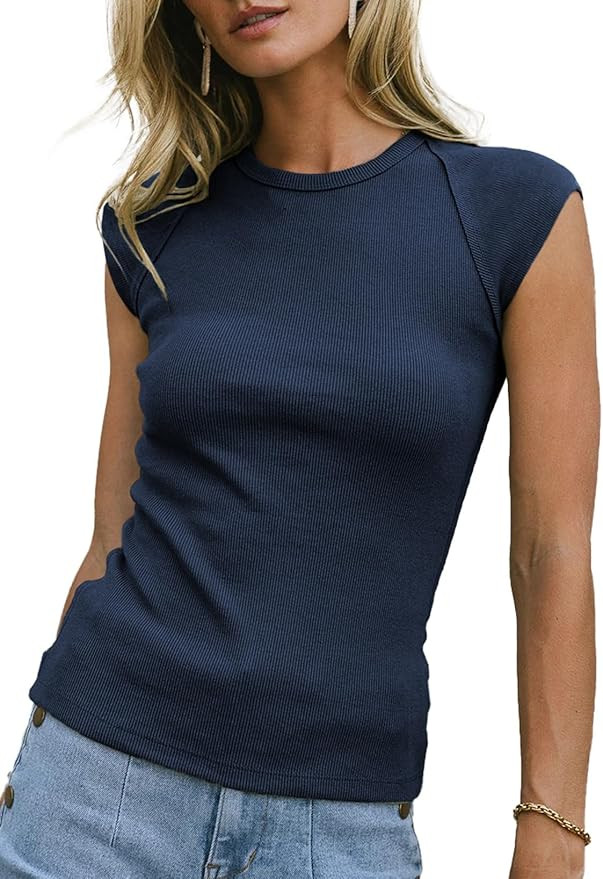 Sidefeel Womens Tops Casual Crewneck Cap Sleeve Tops Ribbed Raw Hem Summer T Shirts Slim Fit Basi... | Amazon (US)