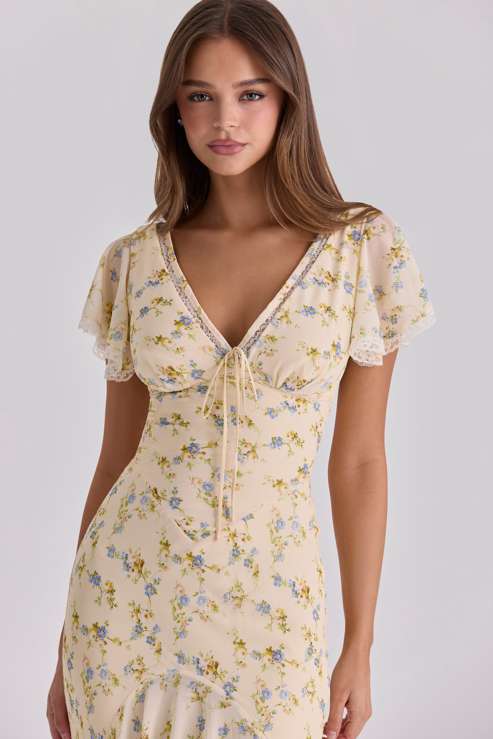 lemon floral print georgette maxi tea dress | House of CB