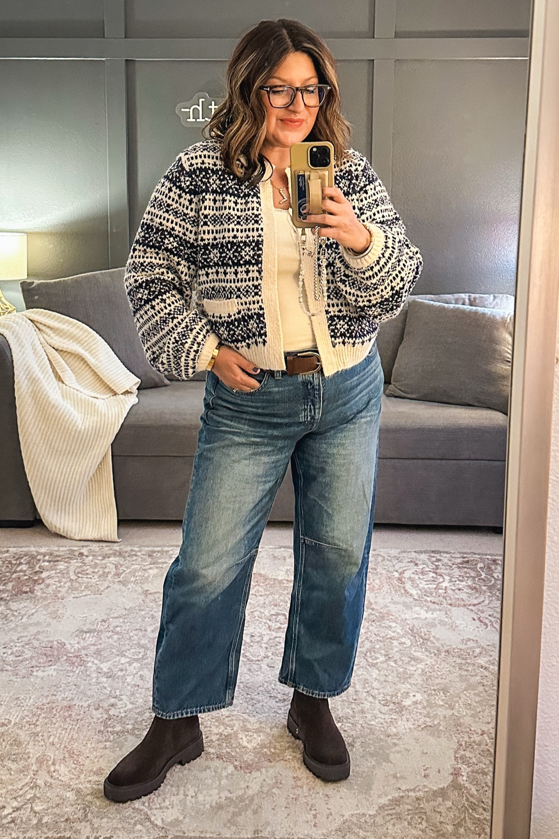 Ootd! American Eagle cardigan (L), American Eagle tank (L), Banana Republic belt (L), Madewell barrel leg jeans (30), Sam Edelman Laguna Chelsea boots, Mango coat (L)  

#LTKStyleTip #LTKOver40 #LTKMidsize
