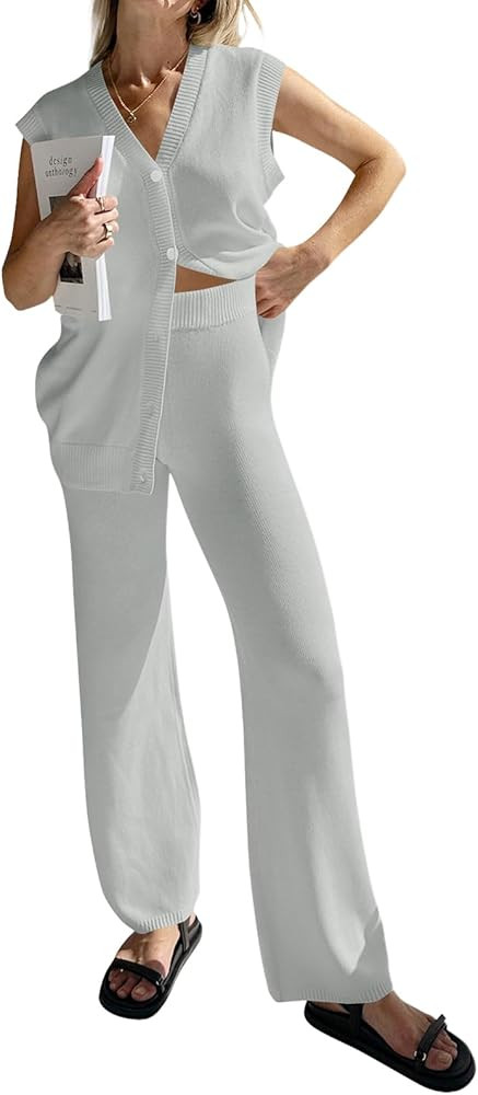 Tankaneo Womens Knit 2 Piece Outfits Sets Sleeveless Button Down Vest Tops Wide Leg Pants Lounge ... | Amazon (US)