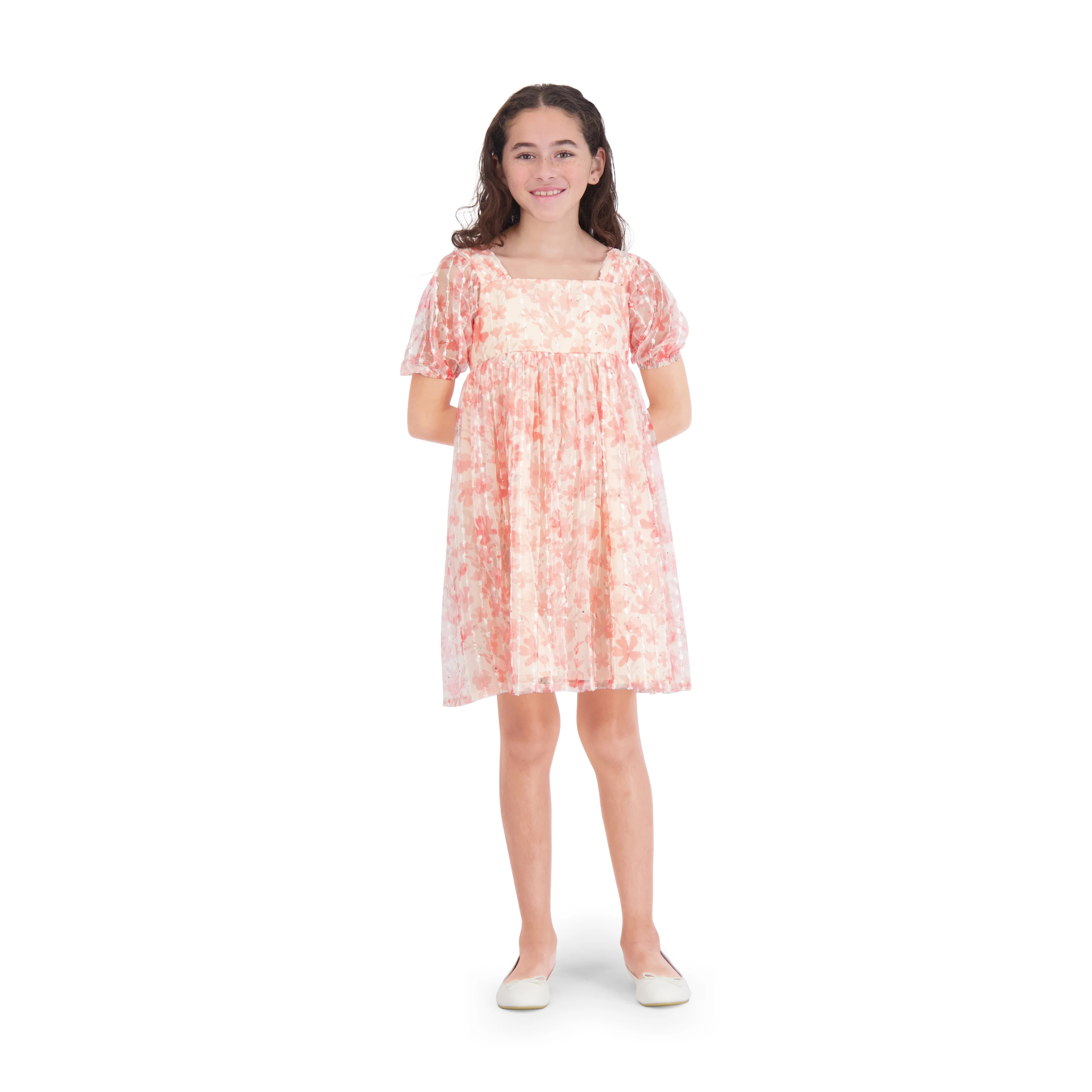 Wonder Nation Girls Apricot Printed Metallic Mesh Dress, Sizes 4-16 & Plus - Walmart.com | Walmart (US)