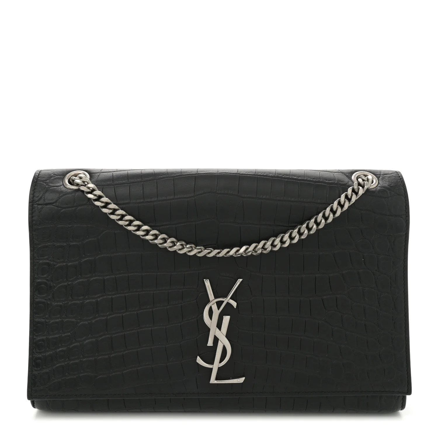 Calfskin Crocodile Embossed Large Classic Monogram Kate Satchel Black | FASHIONPHILE (US)