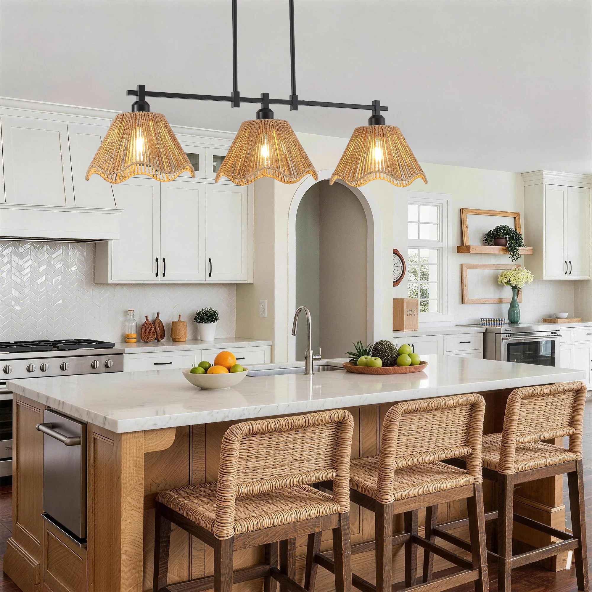 3 - Light 35 Inch Rustic Kitchen Island Pendant Lights With Hand-Woven Shade | Wayfair North America