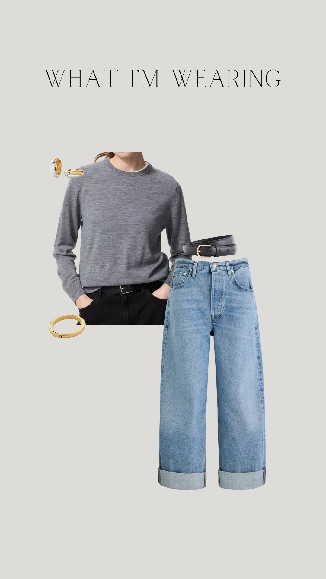 What I’m wearing in the video
Small in the Uniqlo grey 100% wool jumper
Citizens of Humanity Ayla jeans
Exact & similar styles linked
Toteme black leather belt
Monica Vinader gold bangle - exact & similar linked
