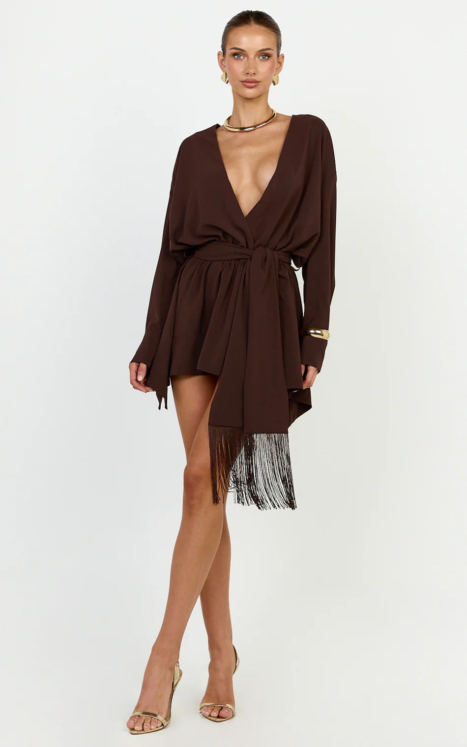 Plunge Neck Fringe Detail Belt Dress in Chocolate | Showpo (US, UK & Europe)
