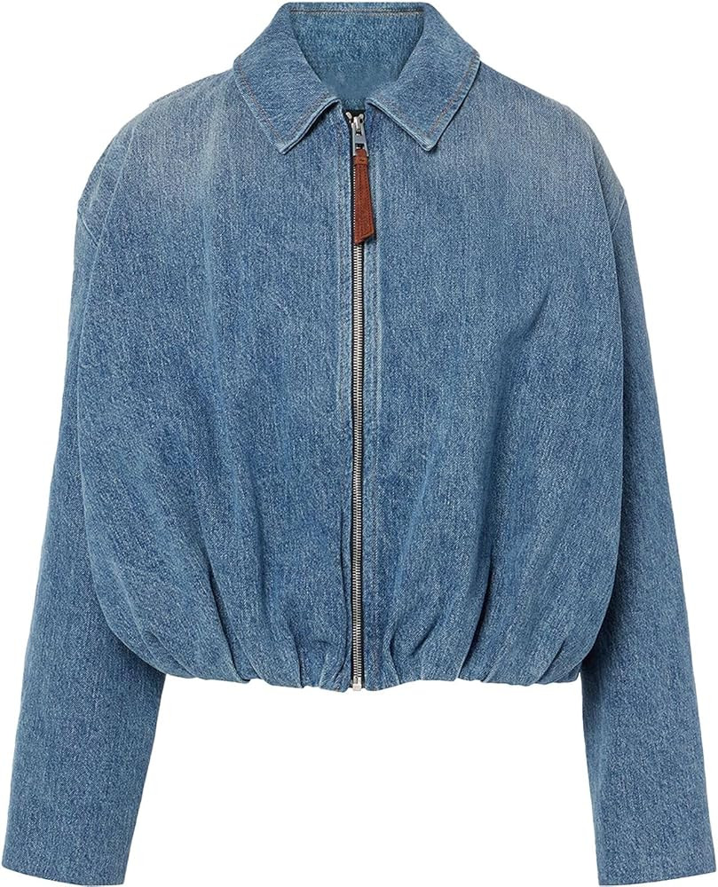 Women's Denim Jacket Draped Loose Fit Zip-Up Collared Casual Bomber Style Coat Lightweight Outerw... | Amazon (US)