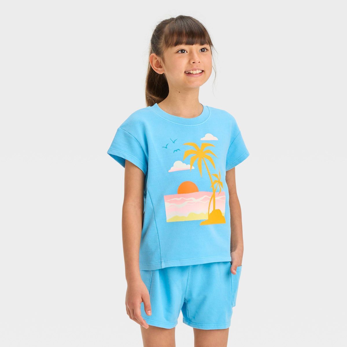 Girls' Short Sleeve Summer Icons French Terry Washed Top - Cat & Jack™ Sea Foam Green S | Target
