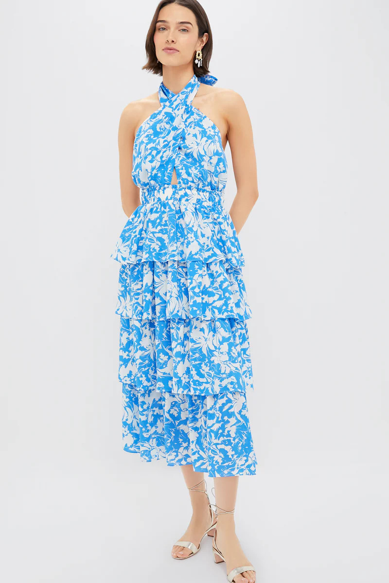Blue and White Floral Halter Neck Jenny Midi Dress | Tuckernuck (US)