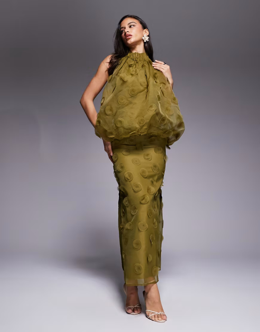 ASOS DESIGN high neck organza halter maxi dress in dark green | ASOS (Global)