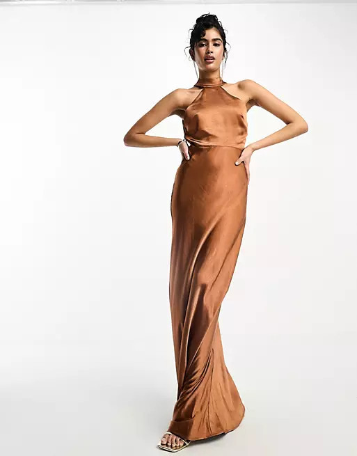 Six Stories Bridesmaids halter neck satin maxi dress in rust | ASOS (Global)