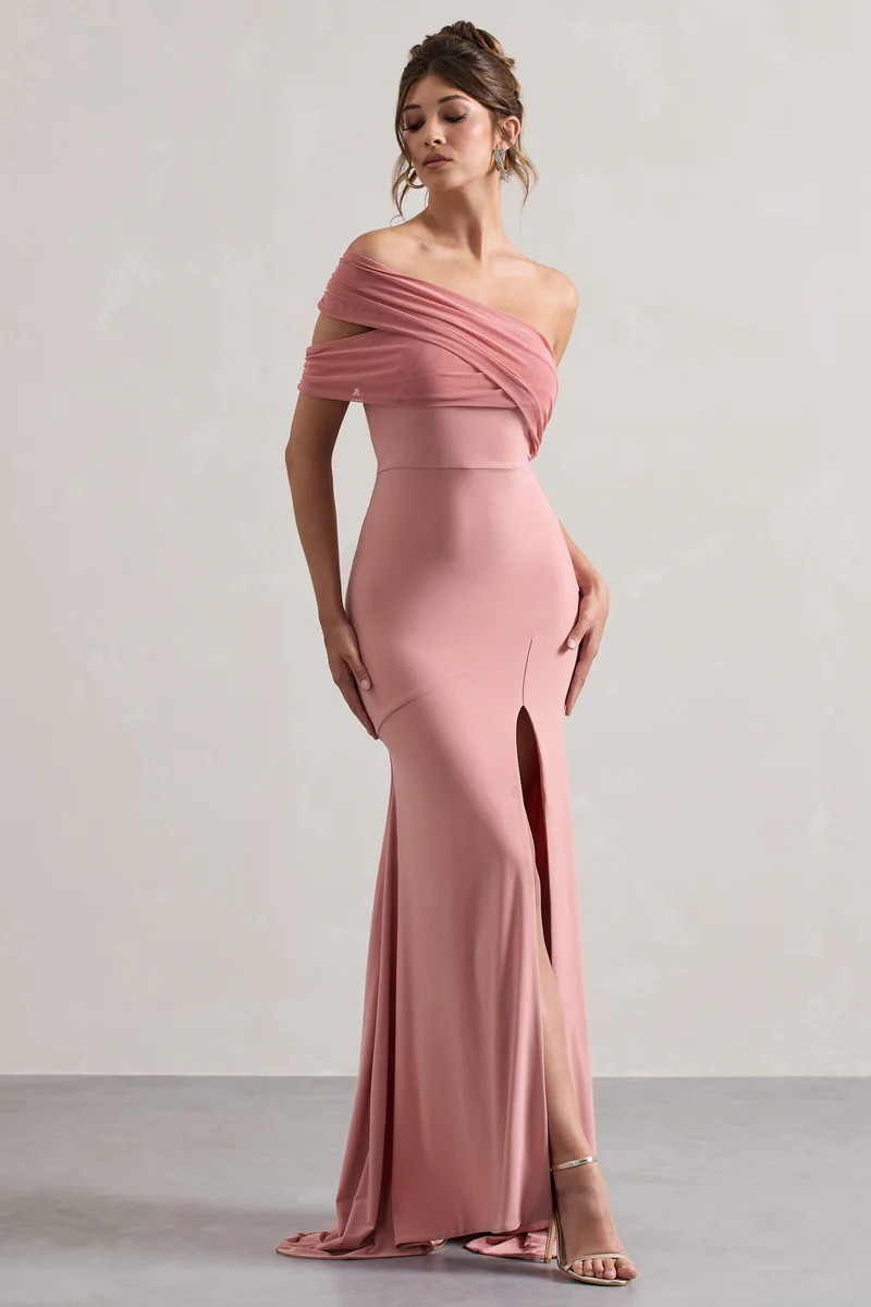 Fused  Blush Asymmetric Bardot Split Maxi Dress | Club L London