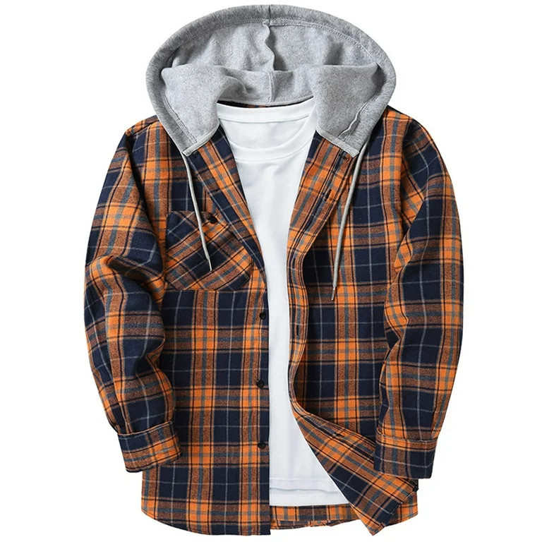 Classic Plaid Jacket Hoodie, Button Up Flannel Shirt Jackets for Men with Hood, Long Sleeve Hoode... | Walmart (US)