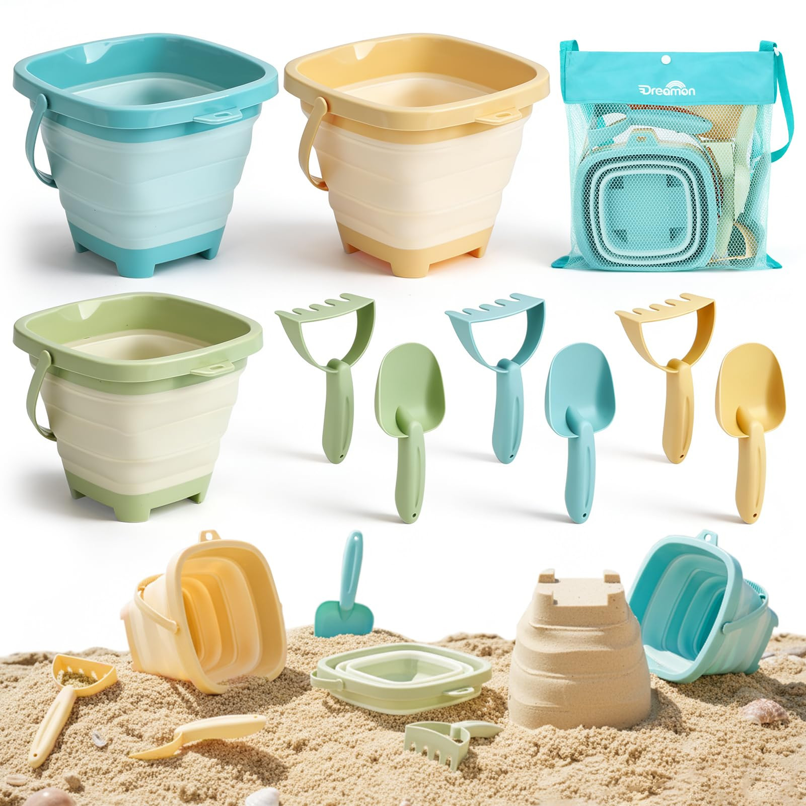 Dreamon Beach Toys, 3 Pack Collapsible Sand Buckets for Kids, Shovels & Rakes Set with Mesh Bag, ... | Amazon (US)