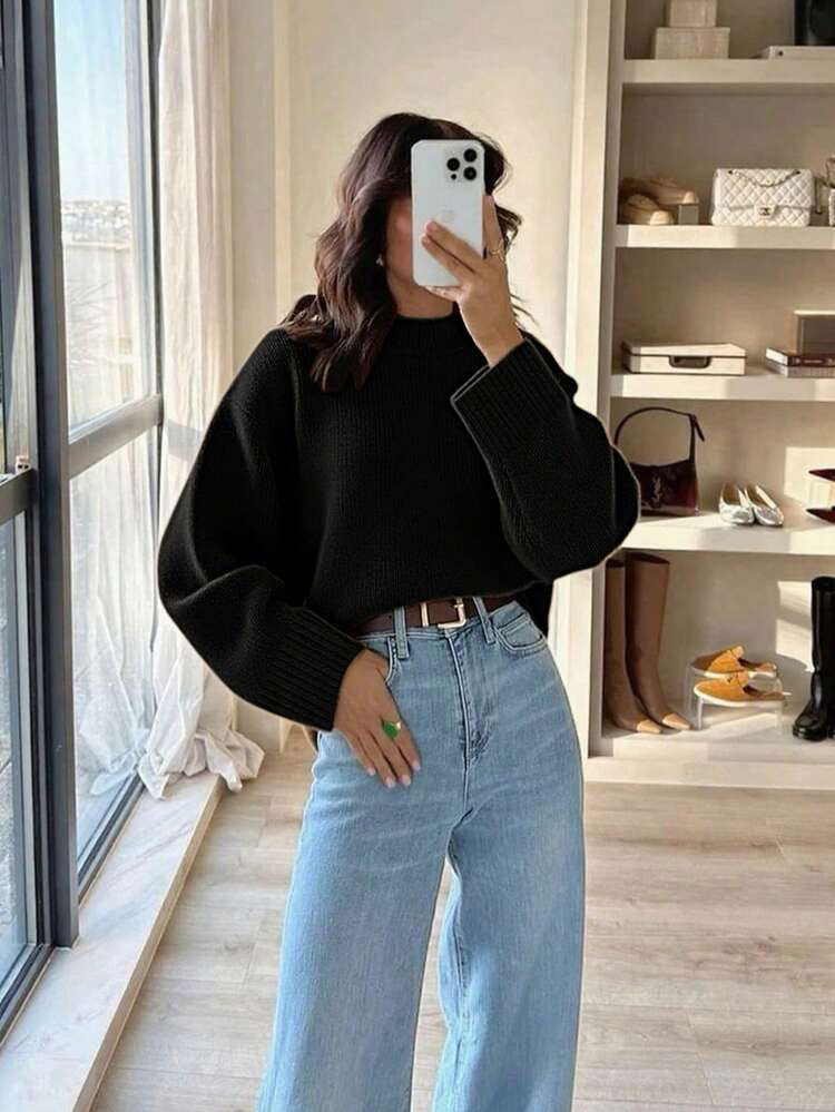 Casual Solid Color Dropped Shoulder Loose Knit Sweater, Autumn/Winter | SHEIN