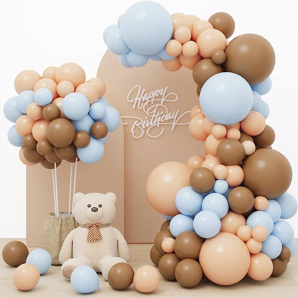 RUBFAC 156pcs Brown Blue Balloon Garland Arch Kit, Bear Baby Shower Decoration with Boho Brown Nu... | Amazon (US)