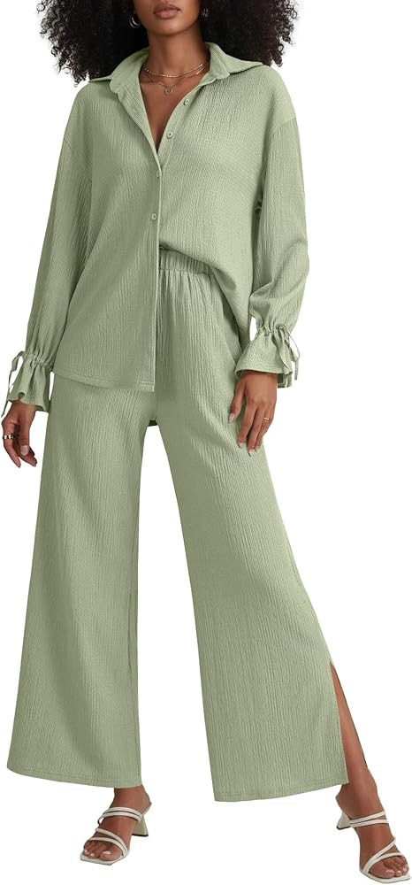 LYANER Women's 2 Piece Outfits Button Down Long Sleeve Shirt and Wide Leg Pants Set | Amazon (US)