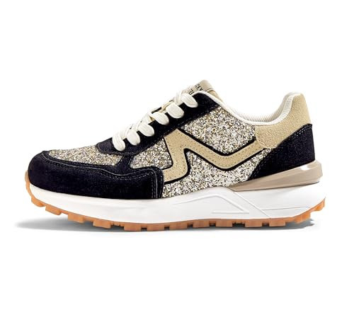 LUCKY STEP Women's Retro Fashion Casual Sneakers Platform Classic Trendy Trainning Anti-Slip Tennis Travel Walking Shoes(Gold/Black,11) | Amazon (US)
