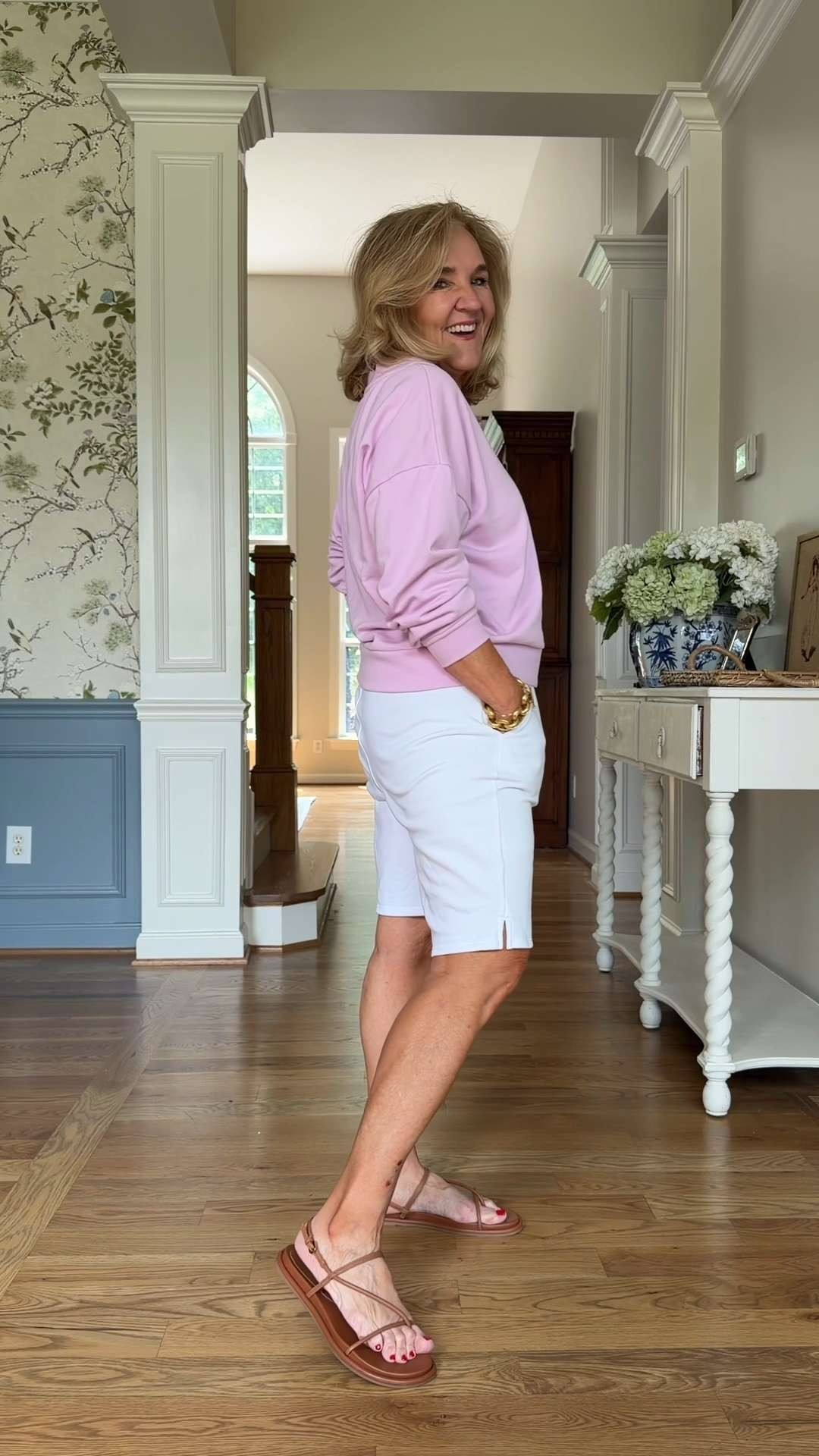 Soft pink sweatshirt + white French terry shorts = an easy everyday favorite. 

 #LTKootd #LTKSeasonal #LTKSaleAlert