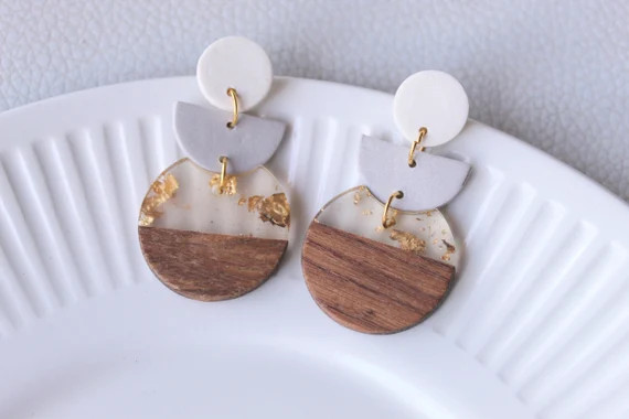 Resin and Wood Earrings, Handmade Clay Earrings, Gold Flakes, Statement Earrings, Resin Wood Clay... | Etsy (US)