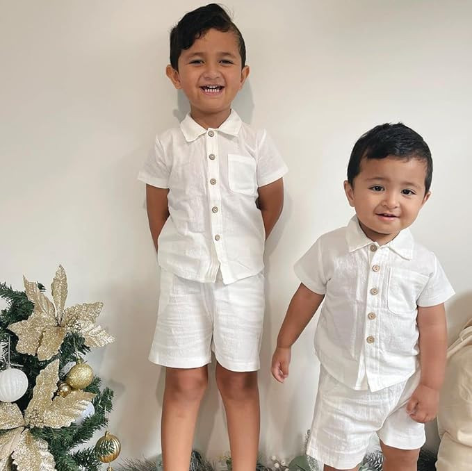 Hoanselay Baby Boy Cotton Linen Shorts Set Solid Color Short Sleeve Button Down T-Shirt Tops and ... | Amazon (US)
