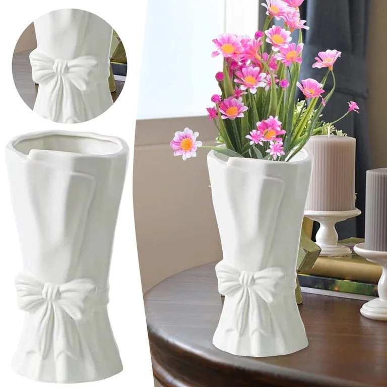 JELSUBI Flower Vase with Bow, Ceramic Vase with Bow, White Cute Flower Vase, Bow Donut Shape Vase... | Walmart (US)