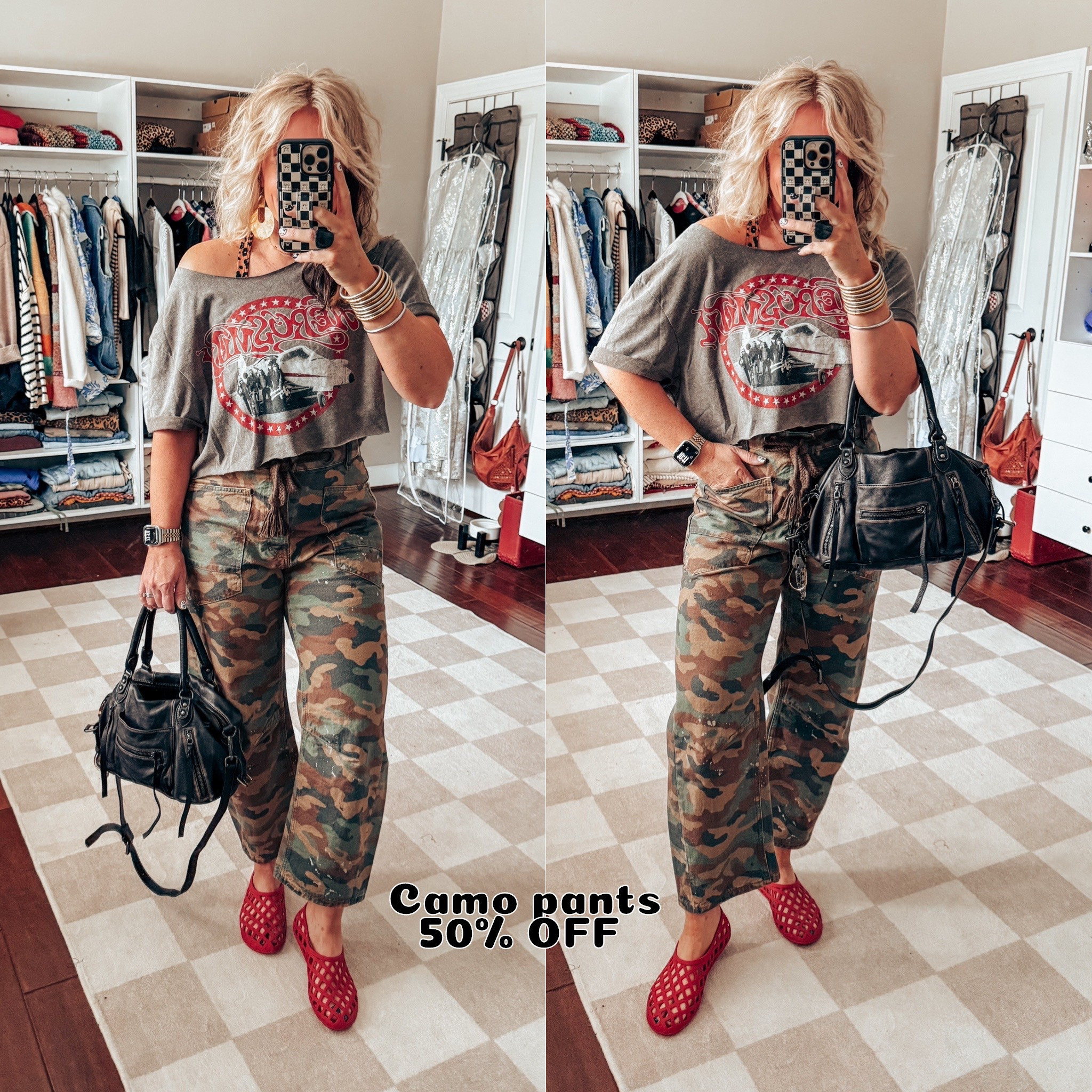 My Saturday FIT ✨
This tee I cropped and cut off the shoulder. It’s older but the leopard cami is one of my fave ones. I’m in a M/L and my camo pants are half off and I’m in a 28. If you want baggy stay true to size. These jelly’s are so fun and run true to size. 

#LTKOver40 #LTKStyleTip #LTKSaleAlert