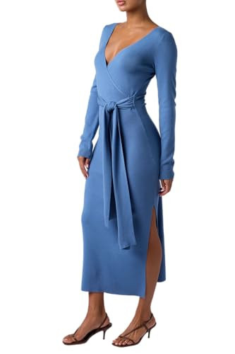 Lulus Harlan Midi Sweater Dress Women’s Bodycon Long Sleeve Cocktail Dress with Surplice Neckline and Waist Tie Chambray Blue | Amazon (US)